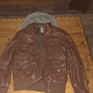 Brown leather jacket with removable hoodie
